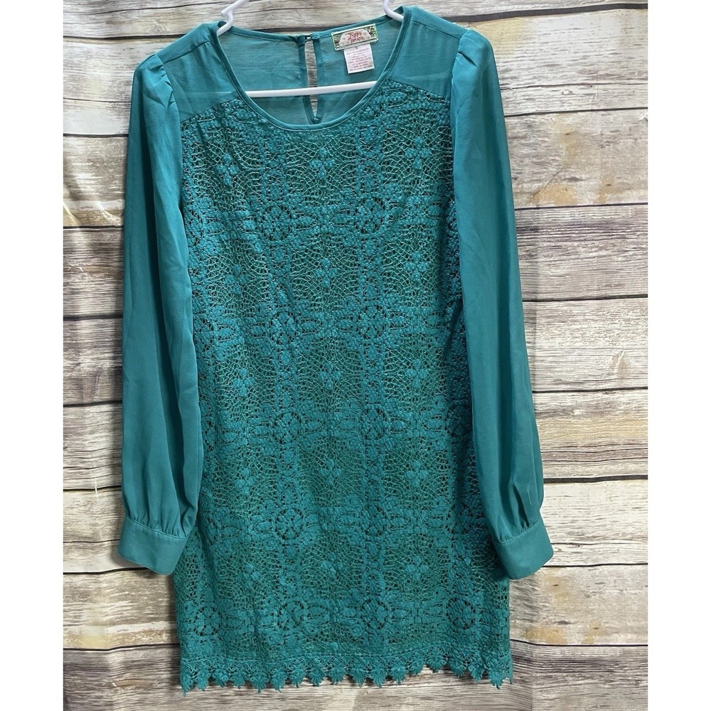 Flying Tomato Women's Small Mini Dress‎ Shift Turquoise Lace Long Sleeve Green